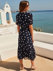 Sosandar Blue Spot Print Belted Faux Wrap Dress - Image 4 of 5