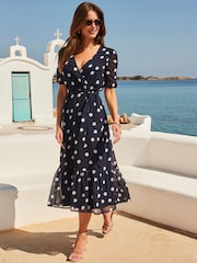 Sosandar Blue Spot Print Belted Faux Wrap Dress - Image 5 of 5