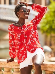 Sosandar Red Floral Print Button Front Blouse - Image 2 of 4