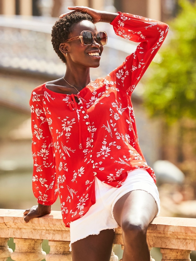 Sosandar Red Floral Print Button Front Blouse - Image 2 of 4 Sosandar Red Floral Print Button Front Blouse - Image 2 of 4