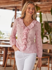 Sosandar Pink Broderie Ruffle Detail Cotton Blouse - Image 1 of 3
