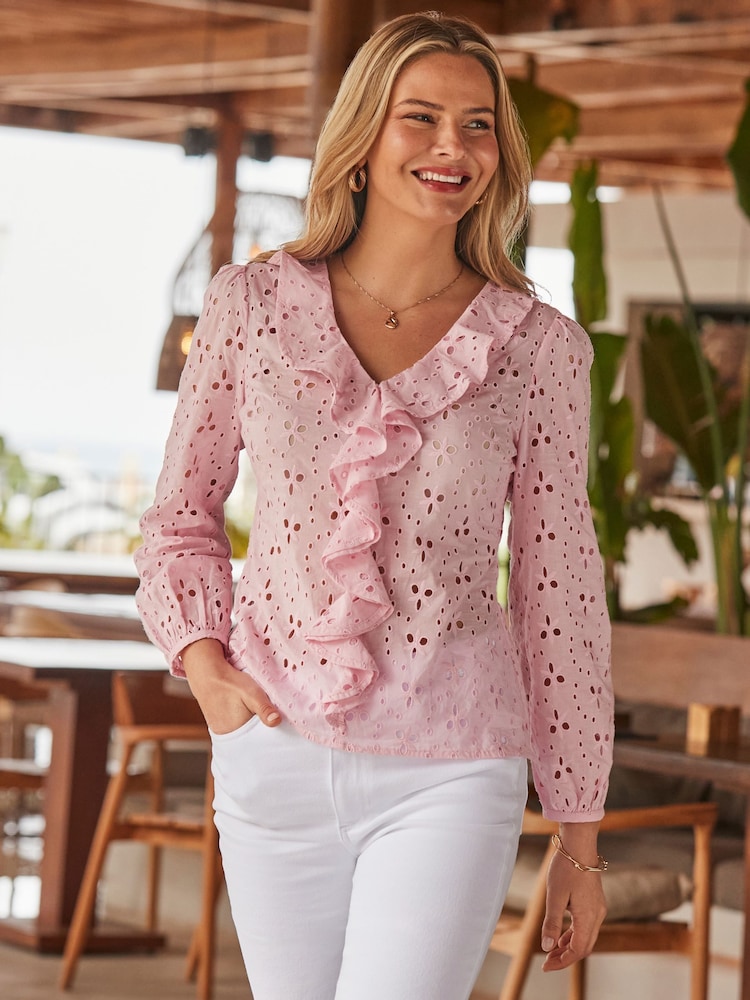Sosandar Pink Broderie Ruffle Detail Cotton Blouse - Image 1 of 3