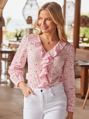 Sosandar Pink Broderie Ruffle Detail Cotton Blouse - Image 2 of 3