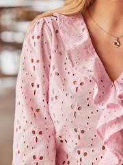Sosandar Pink Broderie Ruffle Detail Cotton Blouse - Image 3 of 3