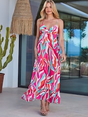Sosandar Pink Petite Paradise Print Tiered Hem Sunshine Maxi Dress - Image 4 of 5