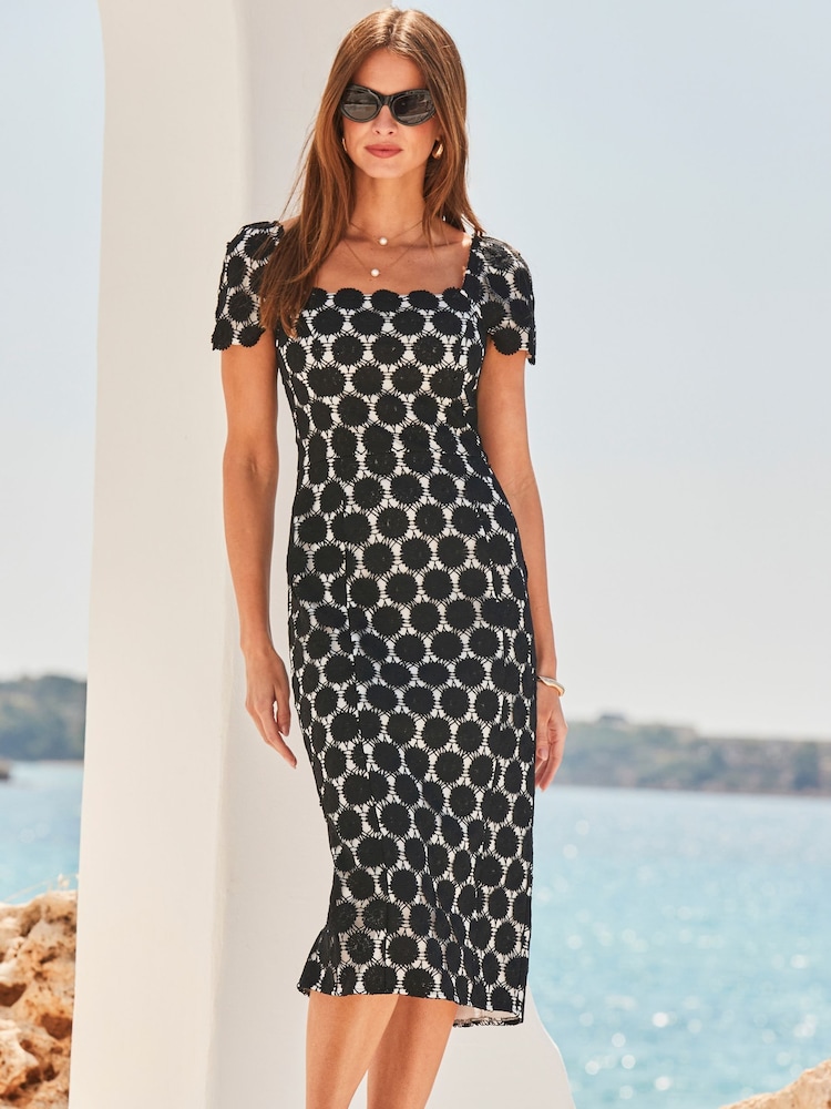 Sosandar Black Lace Square Neck Pencil Dress - Image 1 of 5