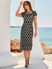 Sosandar Black Lace Square Neck Pencil Dress - Image 4 of 5