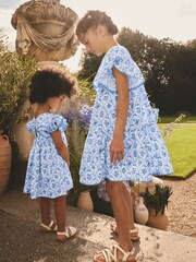 Blue Floral Angel Sleeve Dress (3-16yrs) - Image 1 of 6
