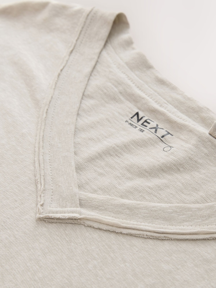 Cream Linen-Look Short Sleeve V-Neck T-Shirt - Image 2 of 3 Cream Linen-Look Short Sleeve V-Neck T-Shirt - Image 2 of 3