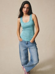 Washed Blue Premium Ribbed Scoop Tank Vest Sleeveless Top - Image 1 of 7