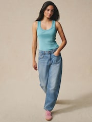 Washed Blue Premium Ribbed Scoop Tank Vest Sleeveless Top - Image 2 of 7