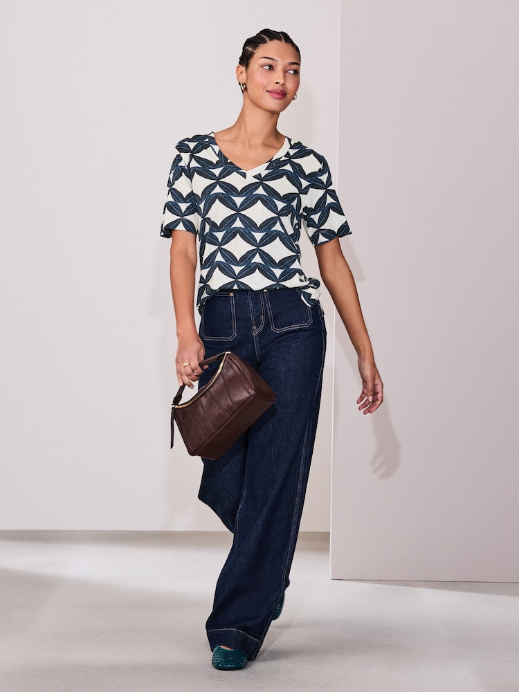 Blue Print Cotton Modal Slouch V-Neck T-Shirt - Image 2 of 8 Blue Print Cotton Modal Slouch V-Neck T-Shirt - Image 2 of 8