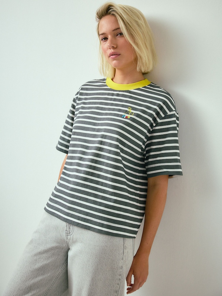 Grey/White Stripe Short Sleeve Graphic Crew Neck T-Shirt - Image 1 of 8