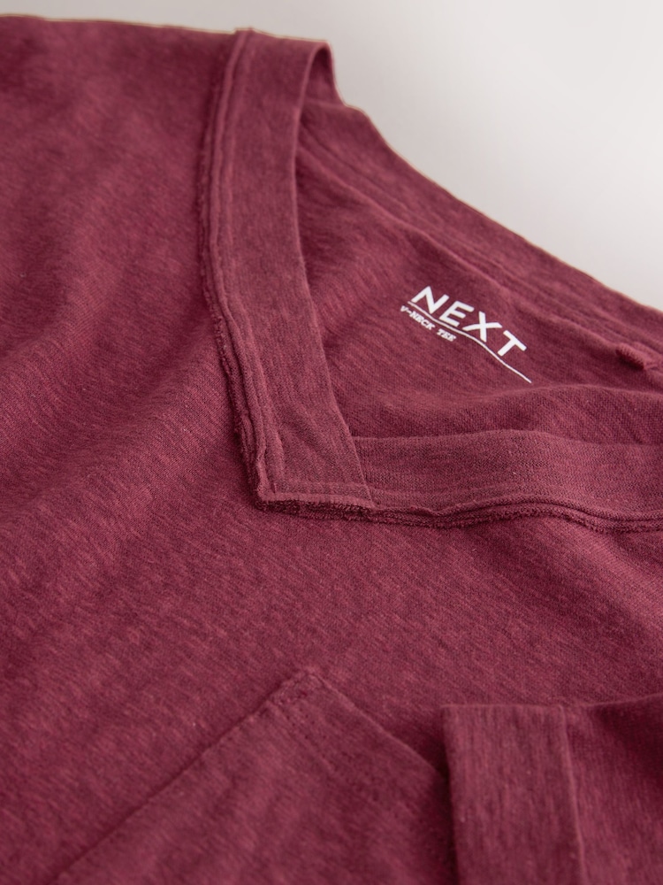 Chocolate Brown Linen-Look Short Sleeve V-Neck T-Shirt - Image 2 of 3 Chocolate Brown Linen-Look Short Sleeve V-Neck T-Shirt - Image 2 of 3