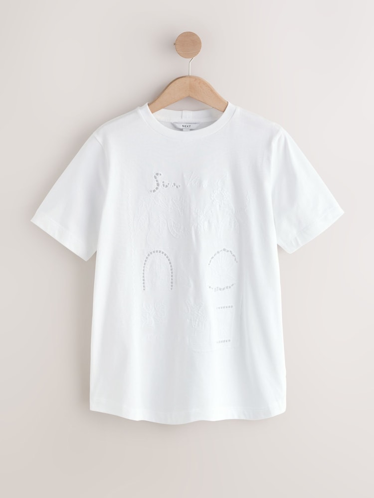 Next：日本 ホワイト カットワーク 刺繍 - 半袖クルーネック 
