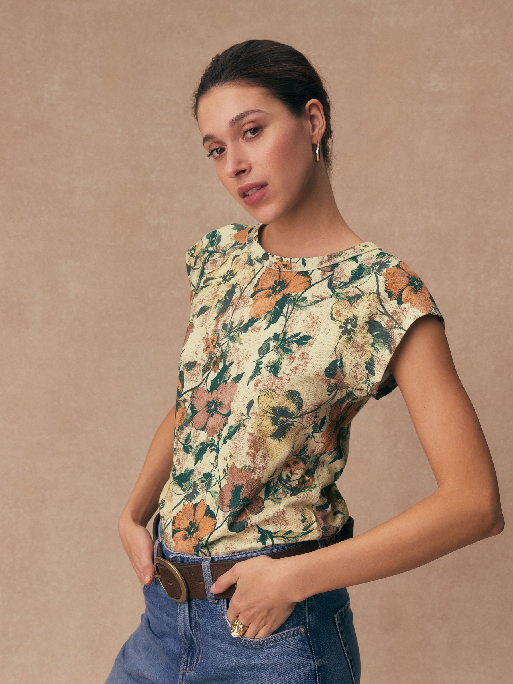 Buy Floral Raw Seam Detail Short Capped Sleeve T-Shirt from Next