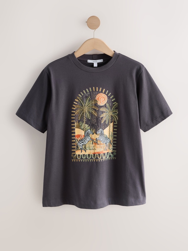Charcoal Grey Embroidered Graphic Heavyweight Short Sleeve Crew Neck T-Shirt - Image 1 of 3 Charcoal Grey Embroidered Graphic Heavyweight Short Sleeve Crew Neck T-Shirt - Image 1 of 3