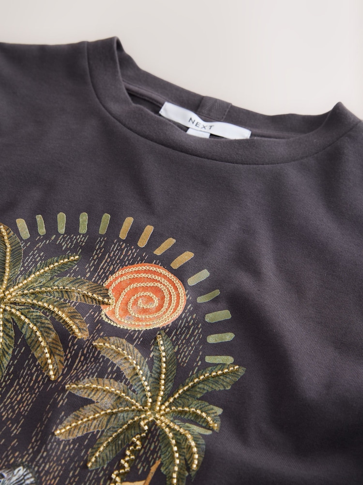 Charcoal Grey Embroidered Graphic Heavyweight Short Sleeve Crew Neck T-Shirt - Image 2 of 3 Charcoal Grey Embroidered Graphic Heavyweight Short Sleeve Crew Neck T-Shirt - Image 2 of 3