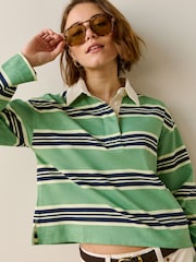 მწვანე/საზღვაო ზოლი - Collared Long Sleeve Rugby Top - სურათი 1 7-დან