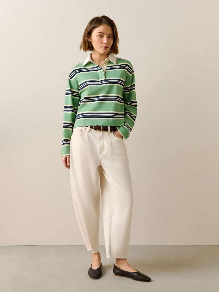 მწვანე/საზღვაო ზოლი - Collared Long Sleeve Rugby Top - სურათი 2 7-დან