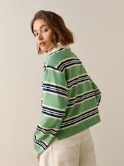 მწვანე/საზღვაო ზოლი - Collared Long Sleeve Rugby Top - სურათი 3 7-დან