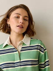 მწვანე/საზღვაო ზოლი - Collared Long Sleeve Rugby Top - სურათი 4 7-დან