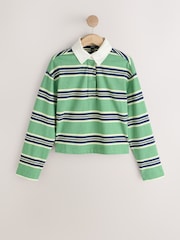 მწვანე/საზღვაო ზოლი - Collared Long Sleeve Rugby Top - სურათი 5 7-დან