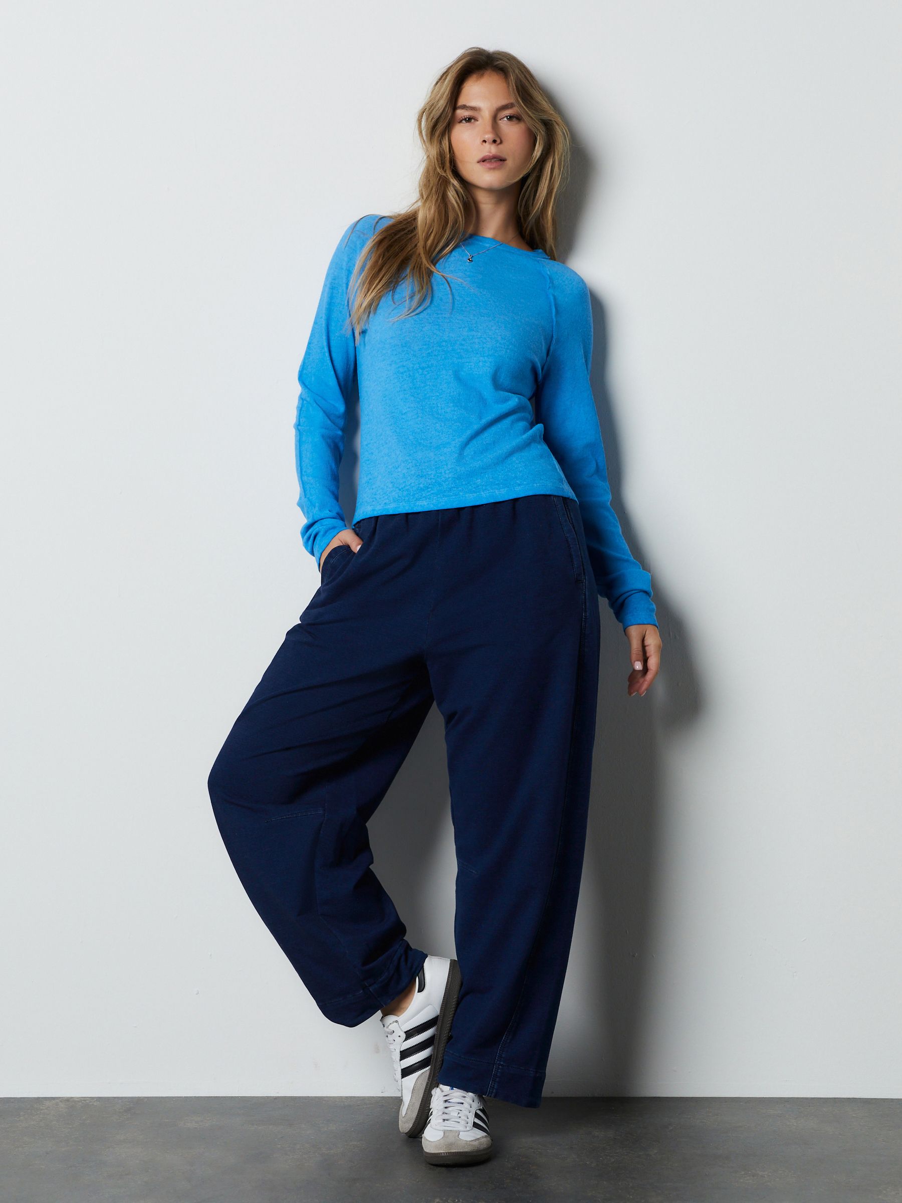 Buy Bright Blue Long Sleeve Washed Effect Raw Seam T-Shirt from