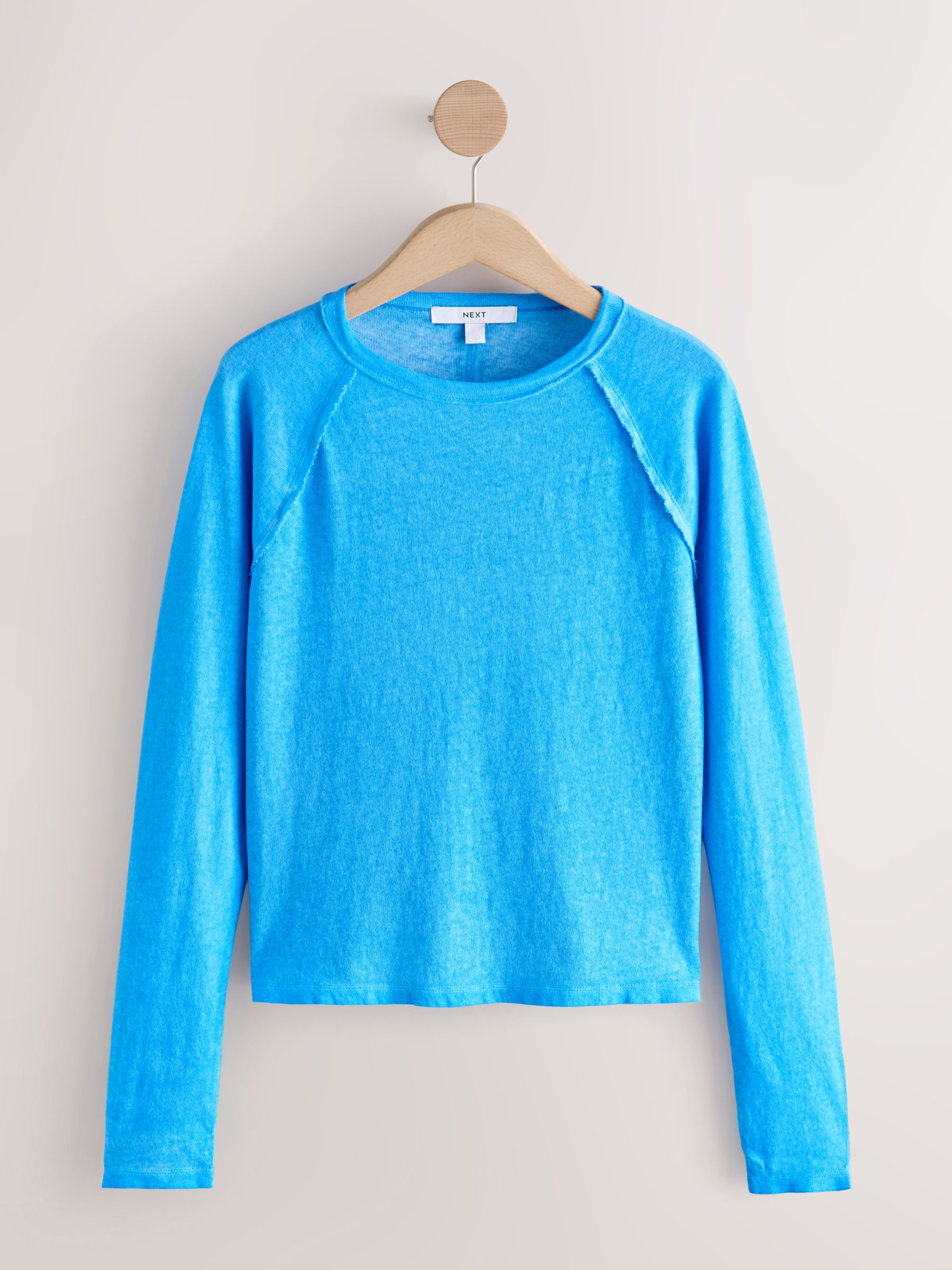 Buy Bright Blue Long Sleeve Washed Effect Raw Seam T-Shirt from