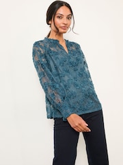 FatFace Flo Blue Navy Lace Top - Image 1 of 5