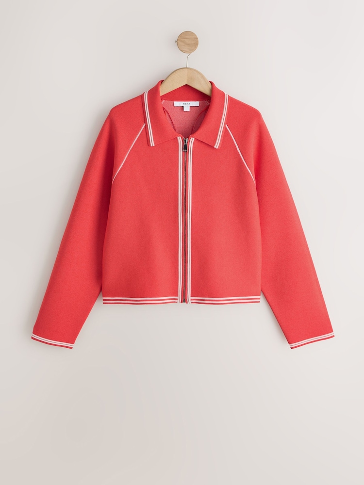 Red Tipped Smart Knit Collared Zip-Up Jacket - Image 1 of 3 Red Tipped Smart Knit Collared Zip-Up Jacket - Image 1 of 3