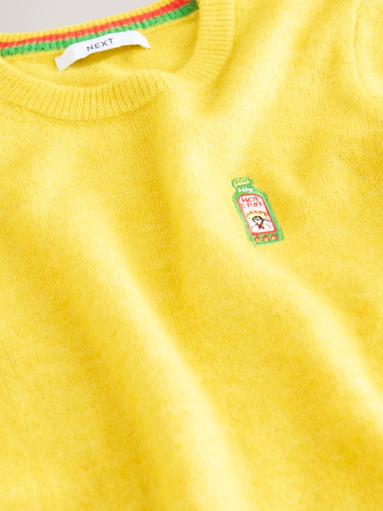 Yellow Hot Sauce Embroidered Crew Neck Wool Blend Jumper - Image 3 of 3 Yellow Hot Sauce Embroidered Crew Neck Wool Blend Jumper - Image 3 of 3