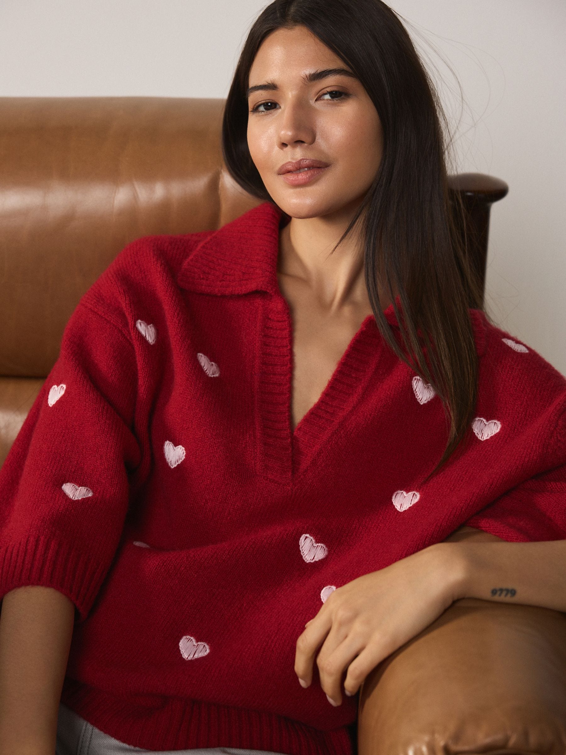 Buy Red Heart Embroidery Open Collar Polo Half Sleeve Jumper With
