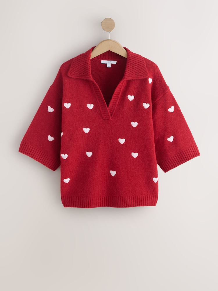 Red Heart Embroidery Open Collar Polo Half Sleeve Jumper With Wool - Image 1 of 3 Red Heart Embroidery Open Collar Polo Half Sleeve Jumper With Wool - Image 1 of 3