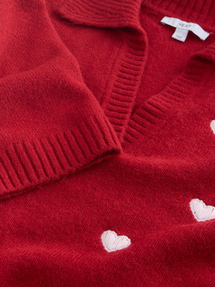 Red Heart Embroidery Open Collar Polo Half Sleeve Jumper With Wool - Image 3 of 3 Red Heart Embroidery Open Collar Polo Half Sleeve Jumper With Wool - Image 3 of 3