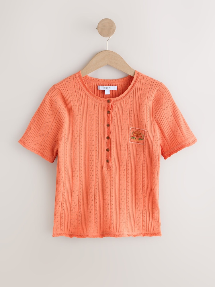 Orange Embroidered Detail Pointelle Henley Knitted T-Shirt - Image 1 of 3 Orange Embroidered Detail Pointelle Henley Knitted T-Shirt - Image 1 of 3
