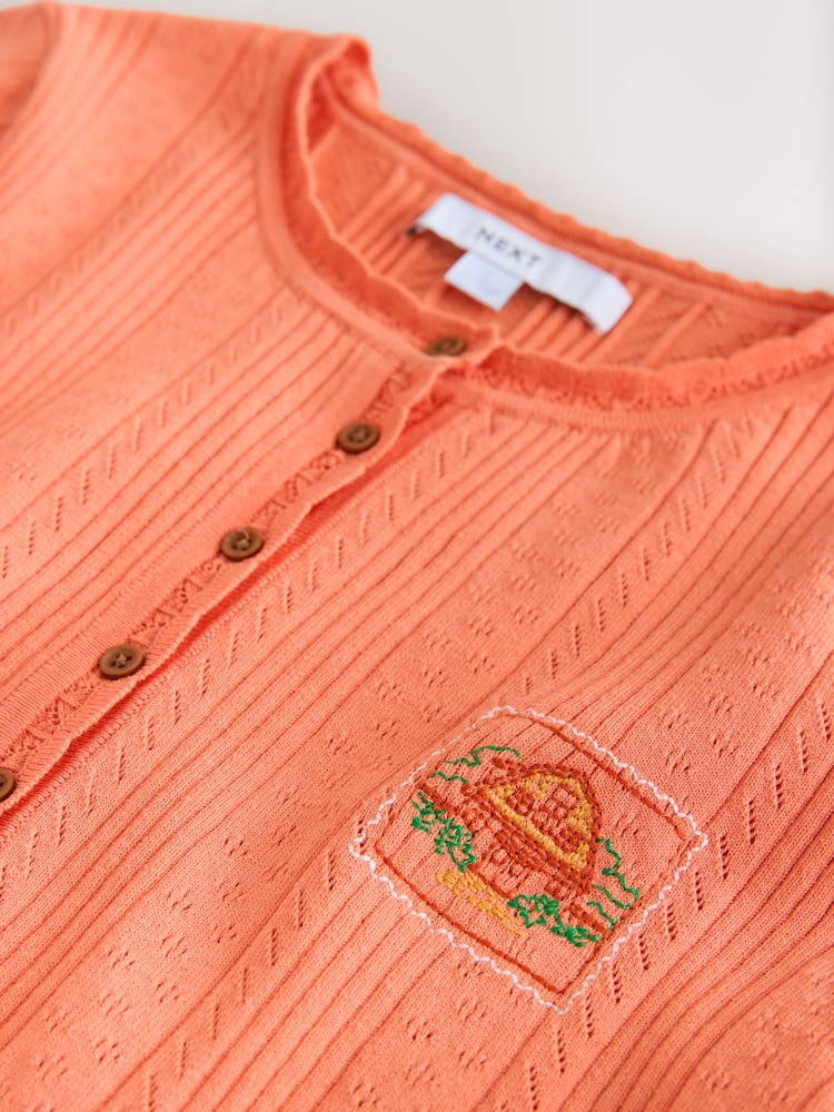 Orange Embroidered Detail Pointelle Henley Knitted T-Shirt - Image 2 of 3 Orange Embroidered Detail Pointelle Henley Knitted T-Shirt - Image 2 of 3