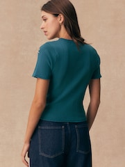 Teal Blue Bird Embroidered Pointelle Henley T-Shirt - Image 4 of 8