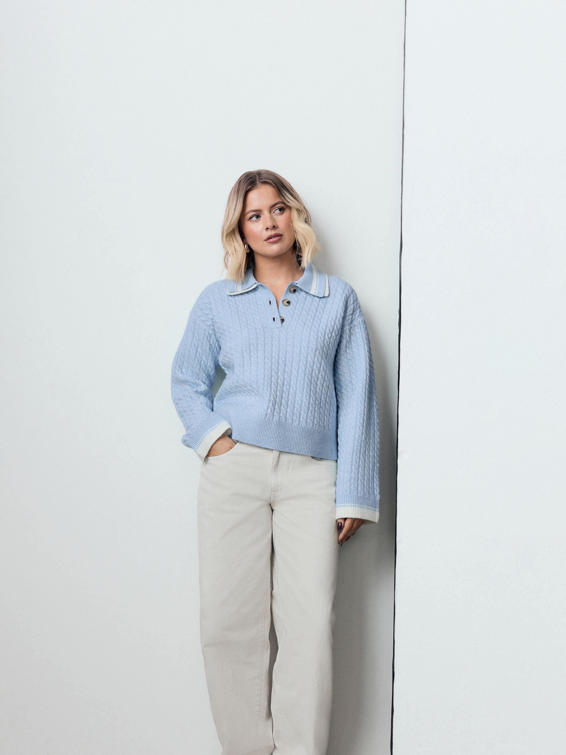 Buy Light Blue/Ecru Double Collar Cable Knit Polo Shirt from the