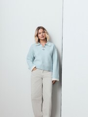 Light Blue Cable Knit Double Collar Polo Jumper - Image 2 of 4