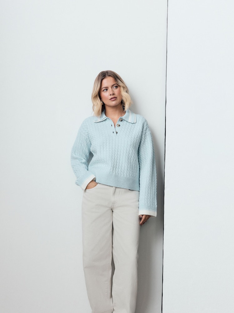 Light Blue Cable Knit Double Collar Polo Jumper - Image 2 of 4
