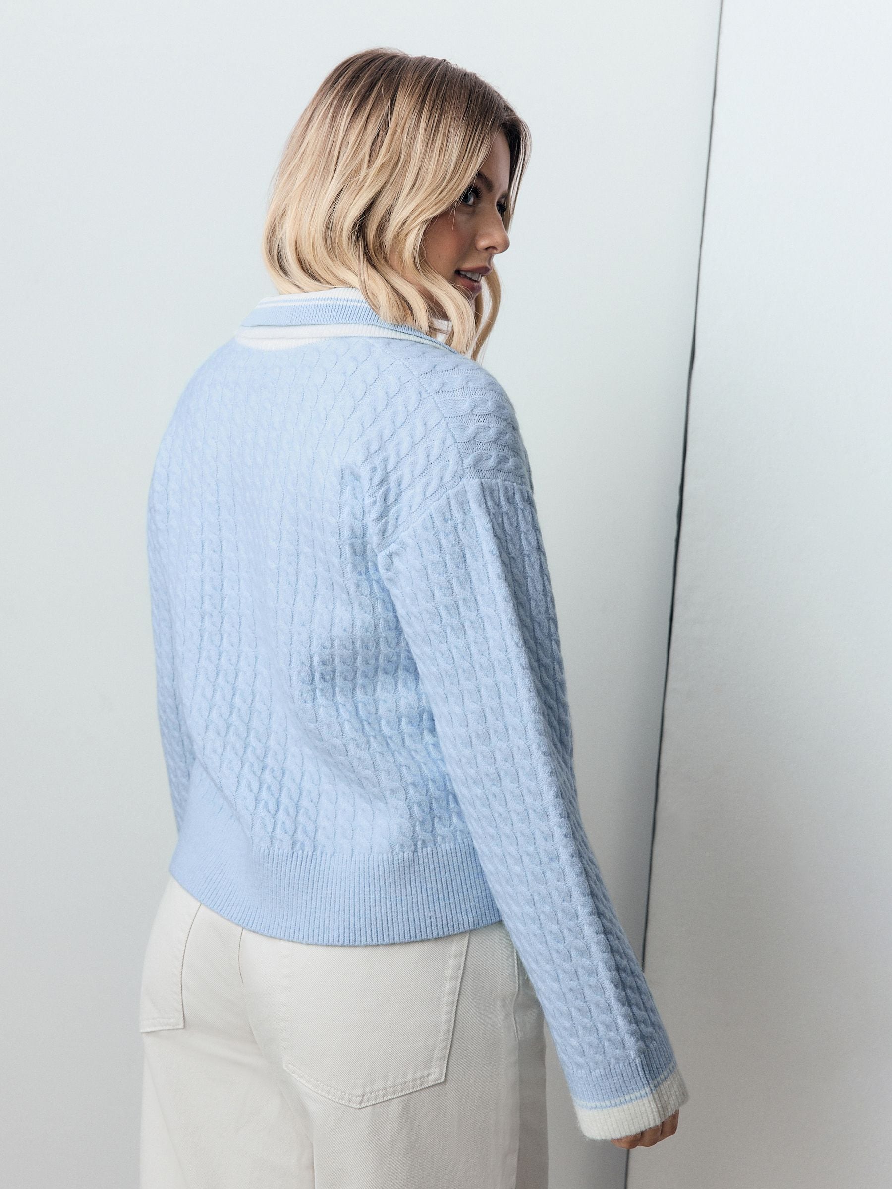 Buy Light Blue/Ecru Double Collar Cable Knit Polo Shirt from Next USA