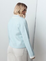 Light Blue Cable Knit Double Collar Polo Jumper - Image 3 of 4