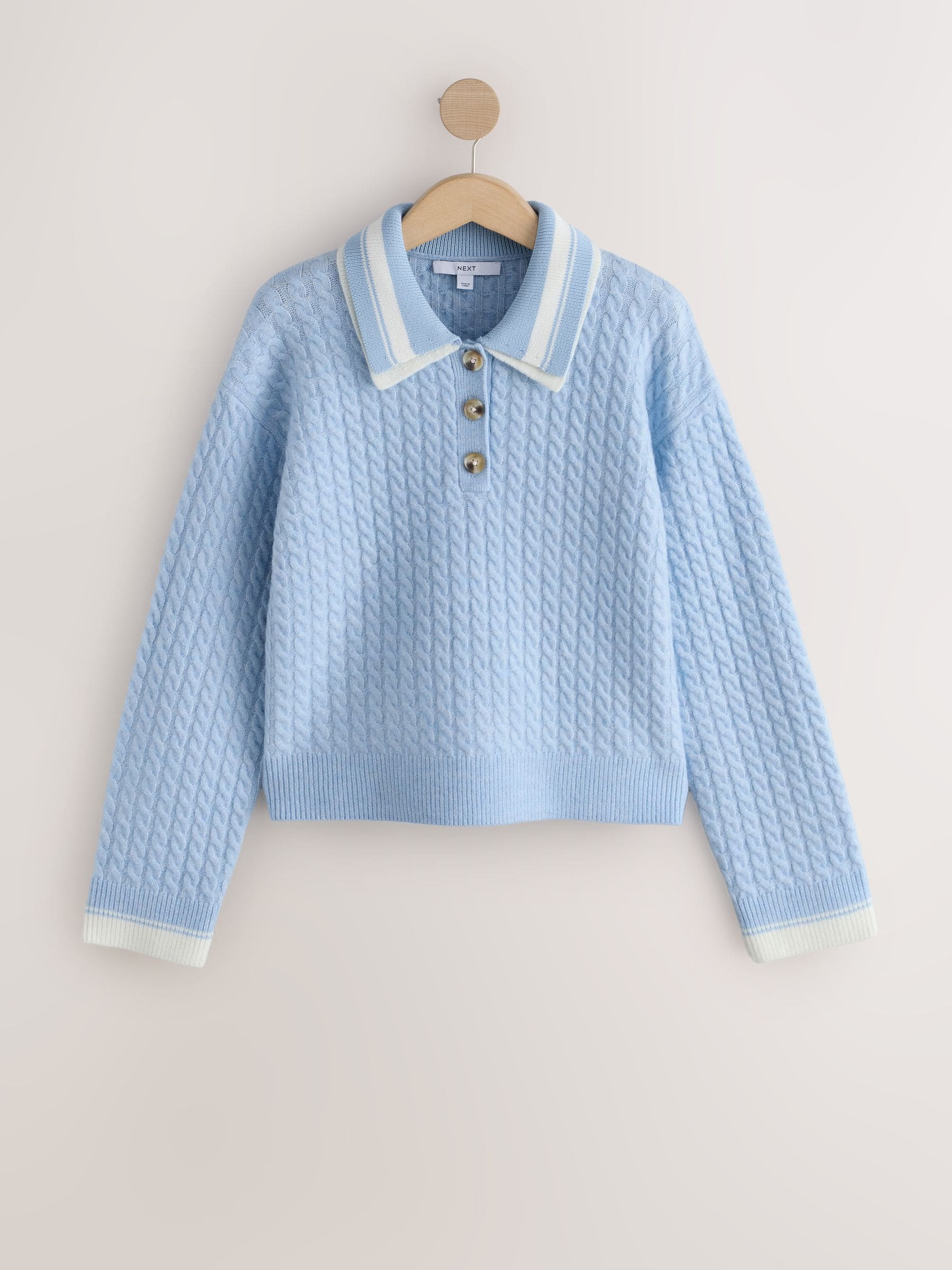 Buy Light Blue/Ecru Double Collar Cable Knit Polo Shirt from the