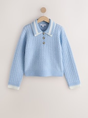 Light Blue Cable Knit Double Collar Polo Jumper - Image 5 of 7