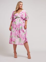 Yours Curve Pink Metallic Shirred Waist Wrap Dress - Image 1 of 5