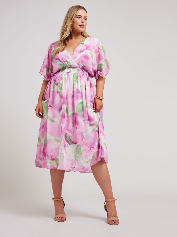 Yours Curve Pink Metallic Shirred Waist Wrap Dress - Image 1 of 5