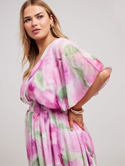 Yours Curve Pink Metallic Shirred Waist Wrap Dress - Image 2 of 5