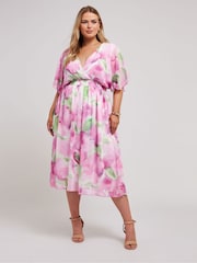 Yours Curve Pink Metallic Shirred Waist Wrap Dress - Image 4 of 5