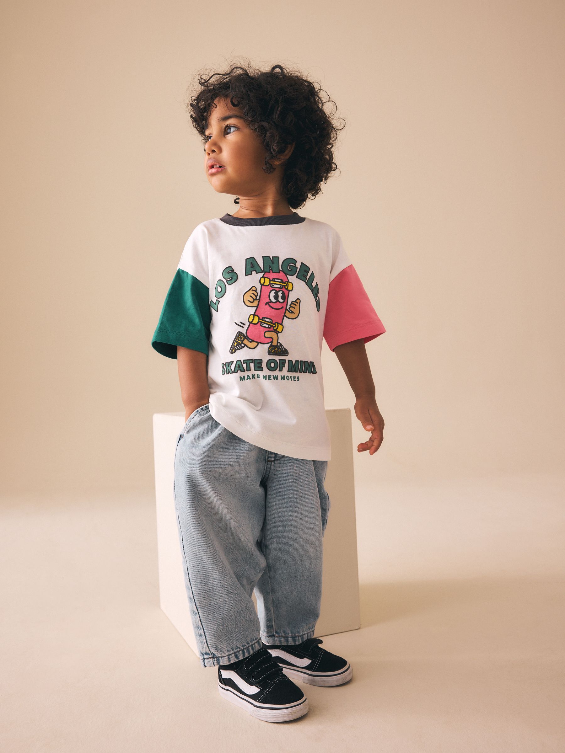 Buy White/Pink/Green Skateboard Short Sleeve Graphic T-Shirt